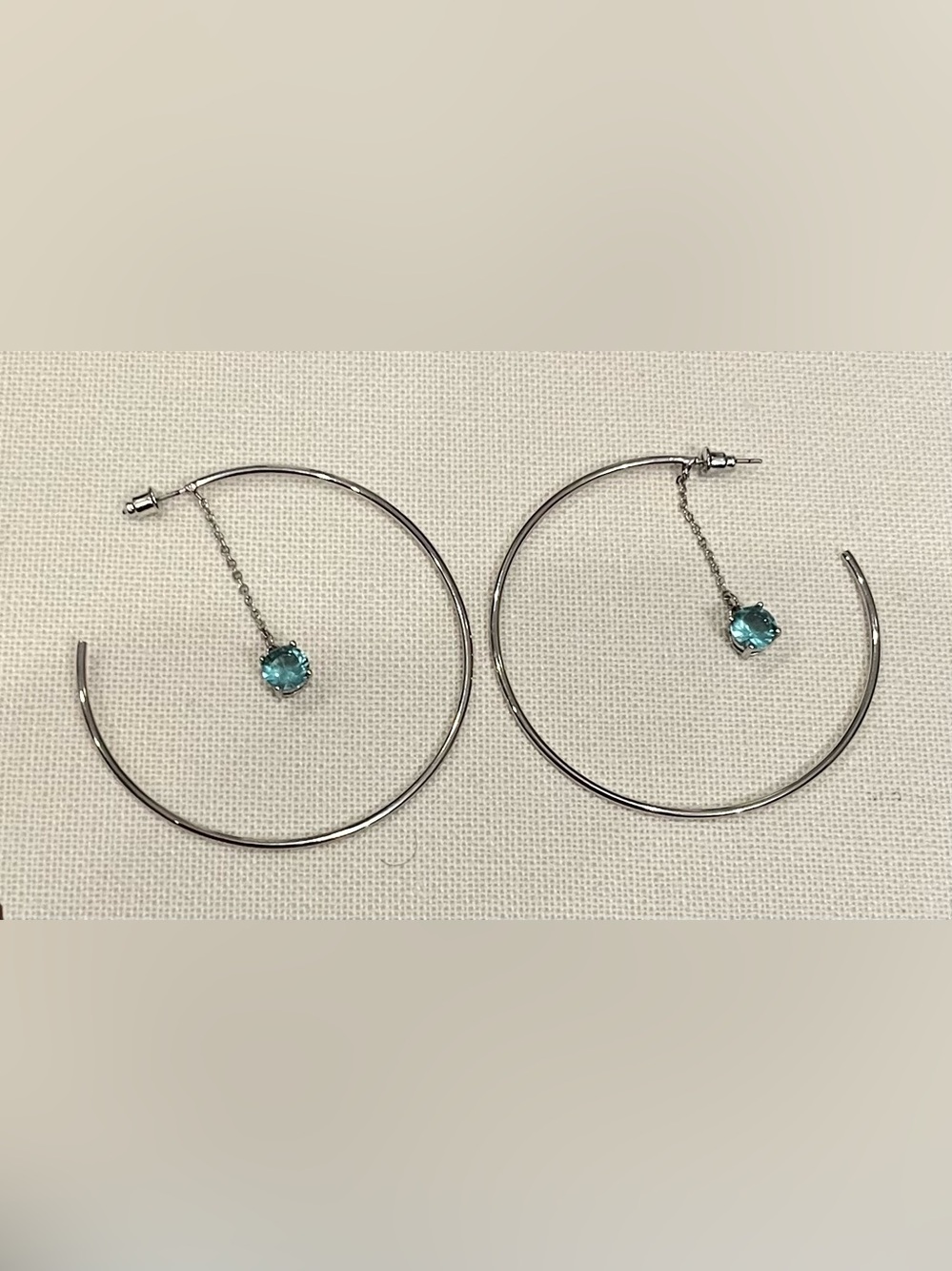 Silver Tone Open Hoop Earrings with Blue Gemstone Charm Drop Dangle